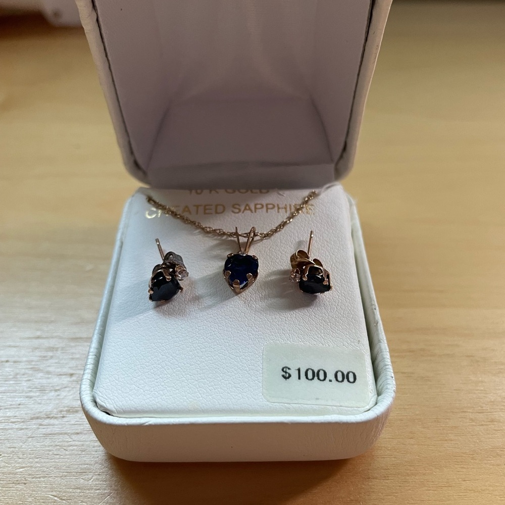10k gold and sapphire matching earrings and necklace set